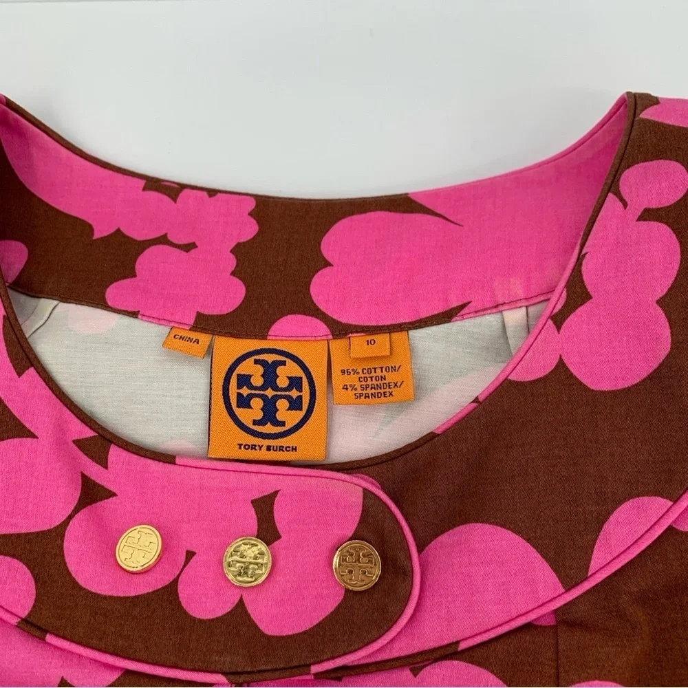 Tory Burch shift dress Mod pink brown floral logo button sleeveless modern 8